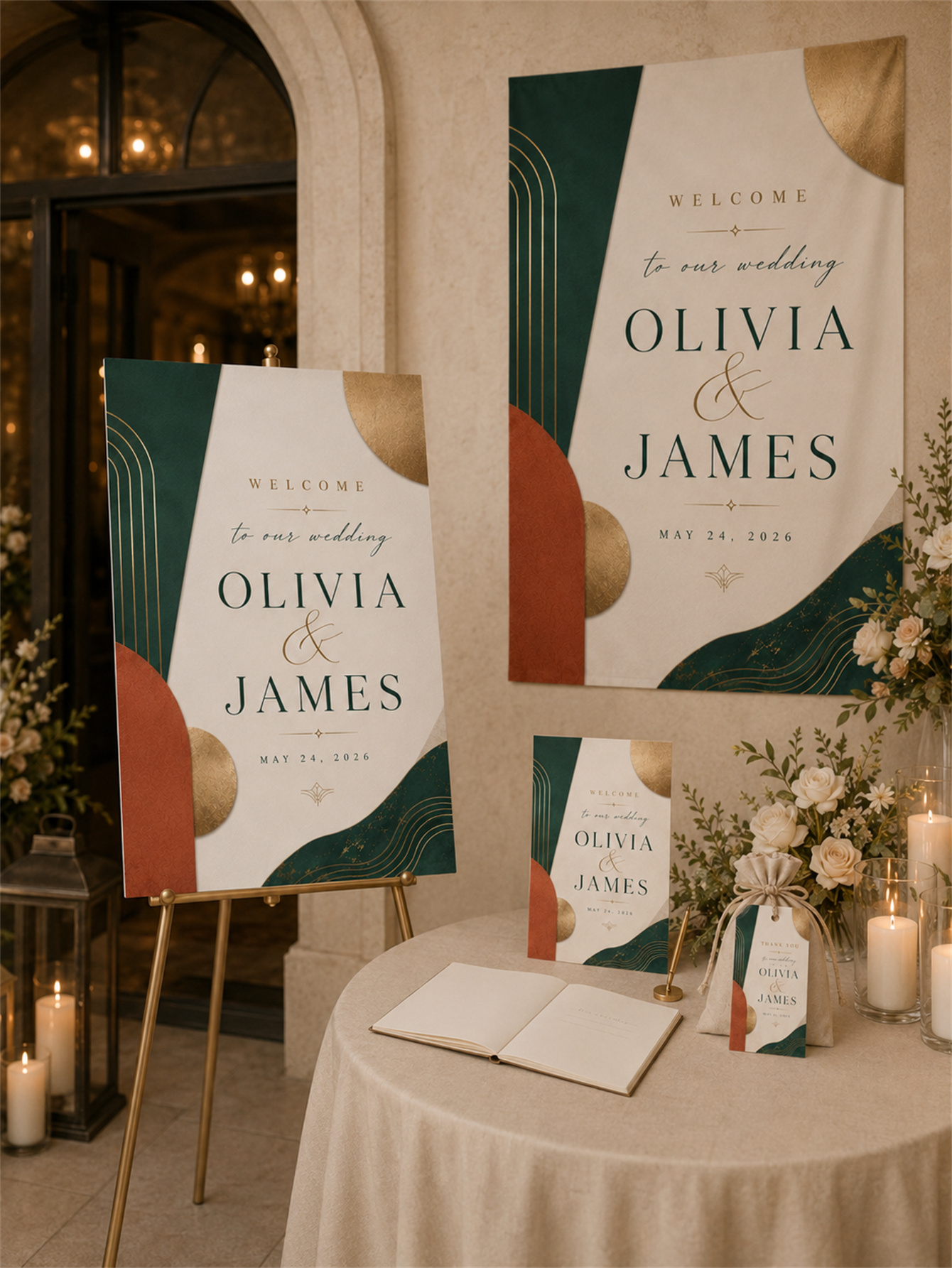 Emerald green and terracotta rust wedding decorations - abstract curved shapes for a modern and luxurious wedding - custom names and dates